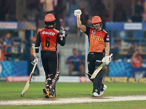 David Warner of Sunrisers Hyderabad celebrates after the win.