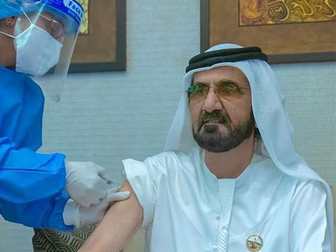 His Highness Sheikh Mohammed Bin Rashid Al Maktoum, Vice-President and Prime Minister of the UAE and Ruler of Dubai, receiving the vaccine.