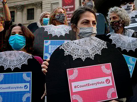 People gather at Fifth Avenue during a "Count Every Vote" rally in New York on November 4, 2020.