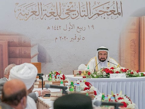 His Highness Sheikh Dr. Sultan bin Muhammad Al Qasimi, Member of the Supreme Council and Ruler of Sharjah, released the first eight volumes of the Historical Corpus of the Arabic Language at the 39th Sharjah International Book Fair on Thursday.