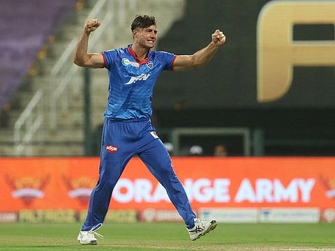 Marcus Stoinis of the Delhi Capitals celebrates the wicket of Kane Williamson of the Sunrisers Hyderabad in the IPL 2020 Qualifier 2 in Abu Dhabi on November 8, 2020.