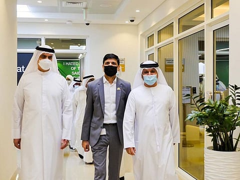 From left: Ahmad Julphar, Dr. Faisel Ikram and Dr. Omar Al Muthanna, CEO of CDA at the Pakistan Medical Centre on Saturday.