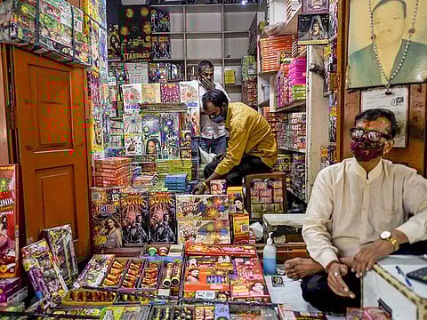A firecrackers shop, ahead of the Diwali festival, near Jama Masjid in old Delhi, Friday, Nov. 6, 2020. The Delhi Government has announced ban on burning of firecrackers, including those branded ‘green’, between November 7 and 30 in the view of rising air pollution.