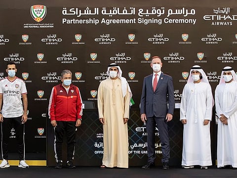 Shaikh Rashid Bin Humaid Al Nuaimi, President, UAE FA: Tony Douglas, Group CEO and Mohammad Al Bulooki, COO of Etihad Aviation Group, alongwith top officials of the UAEFA pose after signing the landmark deal on Monday.