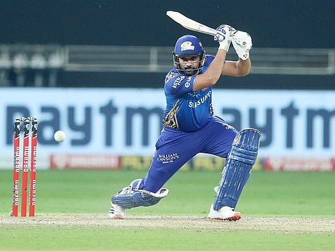 Rohit Sharma in action during the Indian Premier League in Dubai in 2020. Sharma led the Mumbai Indians to a record fifth IPL title. His IPL form helped cement a place in the Indian Test squad.