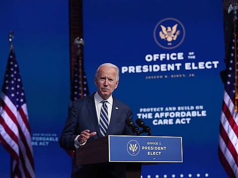 US President-elect Joe Biden addresses the media about the Trump Administration’s lawsuit to overturn the Affordable Care Act on November 10, 2020 at the Queen Theater in Wilmington, Delaware.