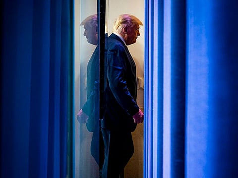 President Donald Trump leaves after speaking to reporters in the briefing room of the White House in Washington, Nov. 5, 2020.
