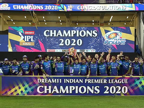 File photo: Mumbai Indians squad celebrates with the trophy of Indian Premier League (IPL) 2020 at the Dubai International Cricket Stadium, on Tuesday 10th November 2020.