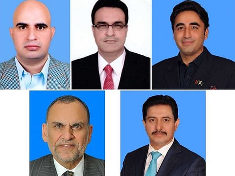 From left to right, Senator Taj Mohammad Afridi, PTI MNA Noor Alam Khan, MNA and PPP Chairman Bilawal Bhutto Zardari, Senator Azam Swati and PML-N MNA Ehsan Bajwa are among Pakistan’s wealthiest lawmakers.