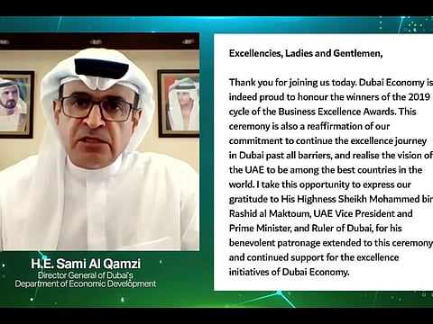 Sami Al Qamzi, Director General of Dubai Economy announcing the Business Excellence Awards at a virtual ceremony held on Wednesday