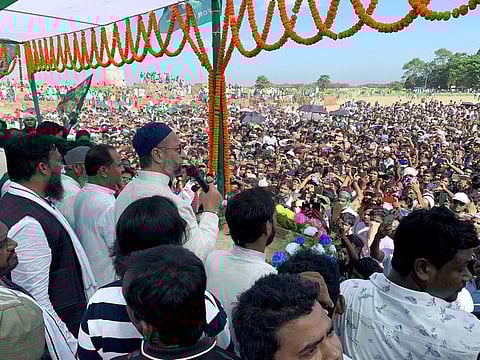 All India Majlis-e-Ittehadul Muslimeen President Asaduddin Owaisi addresses an election rally (File)
