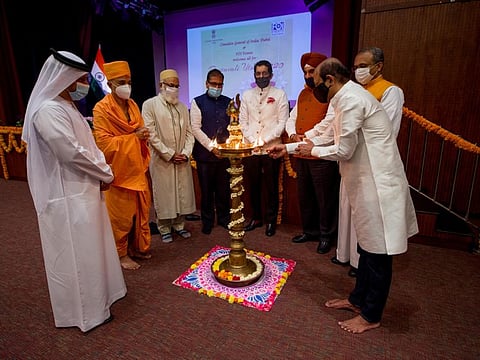 From left: Dr Omar Al Muthanna, CEO of CDA, Swami Brahmavihari Das, the head of the BAPS Hindu Mandir in Abu Dhabi, Mohammed Khomusi representing the Bohra community, Rev. Father Siju C. Philip, vicar of Mar Thoma Parish, Consul General of India in Dubai Dr Aman Puri, Surender Singh Kandhari, chairman of Guru Nanak Darbar Gurudwara and Chandu Siroya representing the Jain community at the traditional lamp lighting ceremony during Diwali celebrations at the Indian Consulate in Dubai.