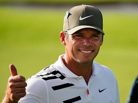 Paul Casey, of England, gives a thumbs up on the ninth hole during the first round of the Masters golf tournament Thursday, Nov. 12, 2020, in Augusta, Georgia.