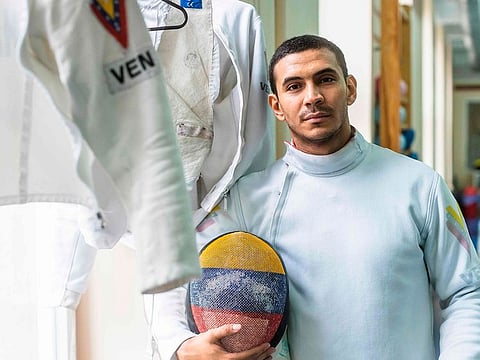 Venezuelan high-performance epee fencer and London Olympics golden medalist Ruben Limardo Gascon poses for a picture after training session in Gascon Carreno fencing center in Lodz, central Poland.