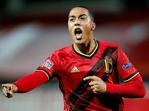 Belgium's Youri Tielemans celebrates after scoring his team's first goal.