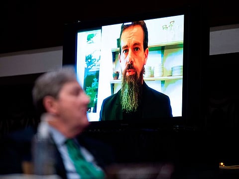 Jack Dorsey, Chief Executive Officer of Twitter, testifies remotely as Senator John Kennedy (R-LA) looks on during the Senate Judiciary Committee hearing on 'Breaking the News: Censorship, Suppression, and the 2020 Election' on Capitol Hill on November 17, 2020 in Washington.