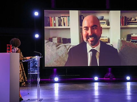 Winner Douglas Stuart, author of 'Shuggie Bain', speaks on screen at the 2020 Booker Prize Awards ceremony.