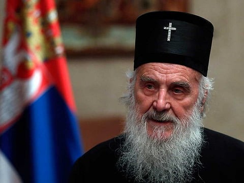 In this March 15, 2020, file photo, Serbian Patriarch Irinej speaks during a statement with Serbian President Aleksandar Vucic in Belgrade, Serbia. Serbia's Orthodox Church said Friday, Nov. 20, 2020, the leader, Patriarch Irinej, has died after testing positive for the coronavirus. He was 90.