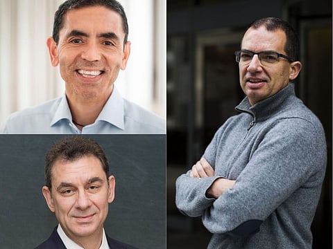 mRNA VACCINE MEN: BioNTech CEO Ugur Sahin (top left), Moderna Chief Executive Officer Stephane Bancel (right); and Pfizer CEO Albert Bourla. The UK approved the Pfizer/BioNTech vaccine, based on mRNA technology, on Wednesday, December 2, 2020.