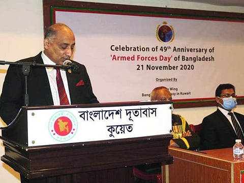 Bangladesh’s Ambassador to Kuwait Md Ashikuzzaman speaks at an army anniversary ceremony.