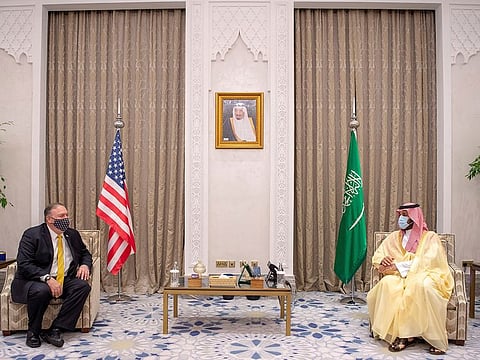 US Secretary of State Mike Pompeo meets with Saudi Crown Prince Mohammed bin Salman during his visit to the country, in Riyadh, Saudi Arabia, November 22, 2020.