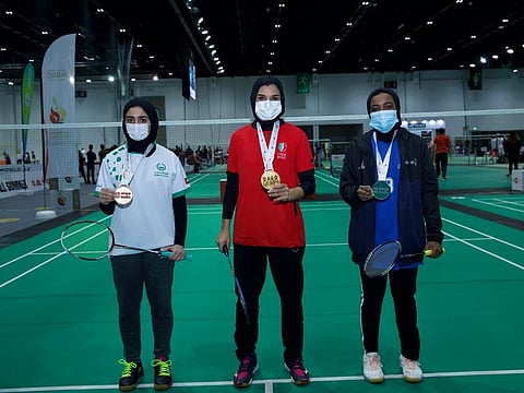 Mona Al Sahlawi and Nafeesah Sara Siraj, winners of badminton competition in Emirati category of Sheikha Hind Sports Tournament.