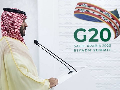 Saudi Crown Prince Mohammed bin Salman addressing a remote press conference at the G20 summit, in the capital Riyadh