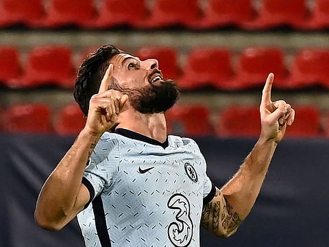 Chelsea's French forward Olivier Giroud celebrates after scoring his team's second.