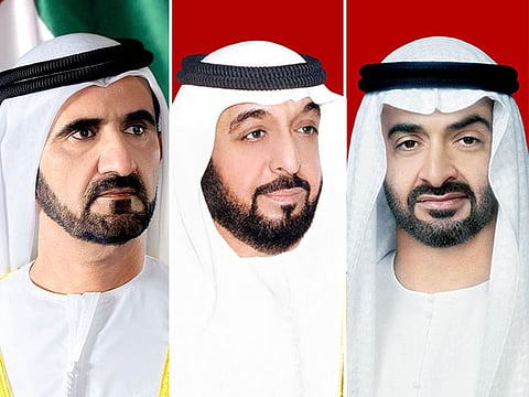 His Highness Sheikh Mohammed Bin Rashid Al Maktoum (left), Vice-President and Prime Minister of the UAE and Ruler of Dubai, President His Highness Sheikh Khalifa Bin Zayed Al Nahyan (centre), and His Highness Sheikh Mohamed bin Zayed Al Nahyan (left), Crown Prince of Abu Dhabi and Deputy Supreme Commander of the UAE Armed Forces