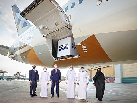 Key representatives of the Hope Consortium. Etihad Cargo and the consortium have transported five million vaccines in November on behalf of the Department of Health – Abu Dhabi.