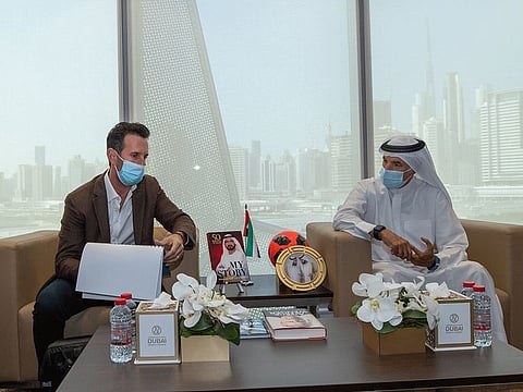 Boaz Toshav (left), one of the owners and Board members of Israel's leading club Hapoel Tel Aviv, was received by Saeed Hareb, Secretary General of Dubai Sports Council.