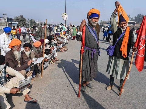 Farmers at Singhu border during their ongoing protest march 'Delhi Chalo' (Let's go to Delhi) against the Centre's new farm laws, in New Delhi, Sunday, Nov. 29, 2020.