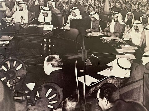 The Rulers of the emirates signing the documents that would lead to the creation of the UAE.