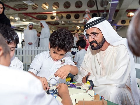 His Highness Shaikh Mohammad Bin Rashid Al Maktoum, Vice-President and Prime Minister of the UAE and Ruler of Dubai, with students. He launched the Designing the Next 50 project in September, which aims to build a system for sustainable development and drive investments in advanced technologies, while inviting ideas from citizens and expats