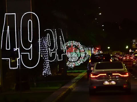 Decorations on the streets of Ajman. Main streets across the UAE are illuminated to mark the occasion of the 49th National Day of the UAE.