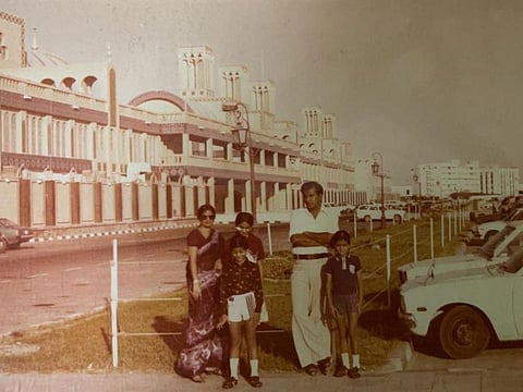 Navin Patney with his family in front of the Sharjah Souq in 1982