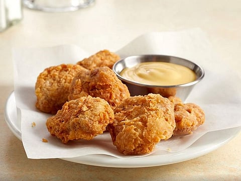 Chicken bites from lab-grown cultured chicken developed by Eat Just is pictured in this handout photo.