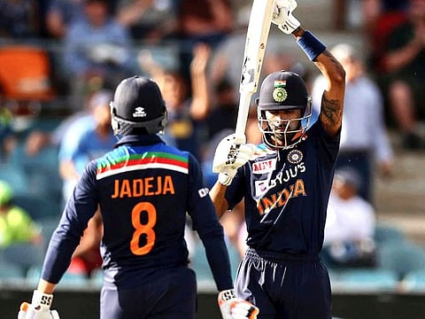 Hardik Pandya (right) and Ravindra Jadeja, whose 150-run partnership for sixth wicket propped up India to a 300-plus total in the final one-dayer.