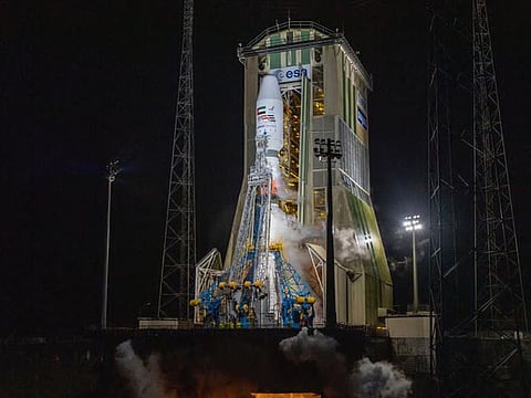 To mark its 49th National Day, the UAE launched the surveillance satellite Falcon Eye into space from the French Guiana Space Centre, in South America, at 5:33am UAE time (01:33 GMT).
The Soyuz ST-A rocket lifted off from the launch complex in French Guiana and the earth-observation satellite separated 58 minutes after burns by the Fregat upper stage.