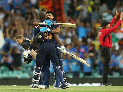 India's Hardik Pandya and Shreyas Iyer celebrate after the T20 series win over Australia