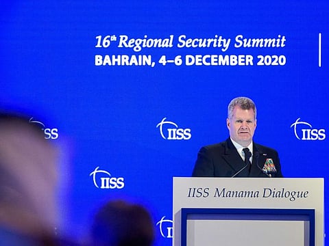 US Naval Forces Central Command's Vice Admiral Sam Paparo addresses the Manama Dialogue security conference in Bahrain capital on December 6, 2020.