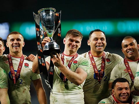 England's Owen Farrell holds aloft the Autumn Nations Cup at Twickenham