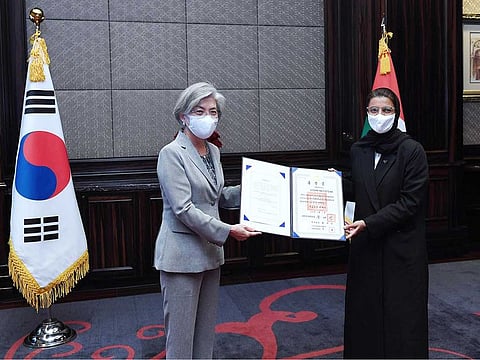 Moon Jae-in, President of South Korea, awarded Noura Bint Mohammed Al Kaabi, Minister of Culture and Youth, the "Diplomatic Service Medal," in recognition for her efforts to enhance the relations between the UAE and South Korea, by encouraging the launch of cultural and creative exchange programmes between the two countries. The honouring took place during a ceremony held in the St. Regis Hotel in Abu Dhabi, which was attended by Kang Kyung-wha, Foreign Minister of South Korea, who presented the medal to Al Kaabi on behalf of President Moon. The ceremony was also attended by Kwon Yong Woo, Korean Ambassador to the UAE.