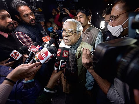 AIKS leader and CPI(M) Polit Bureau member Hanan Mulla addresses media after a meeting with Home Minister Amit Shah regarding the repeal of agri sector laws, at NASC PUSA, in New Delhi, on Tuesday night.
