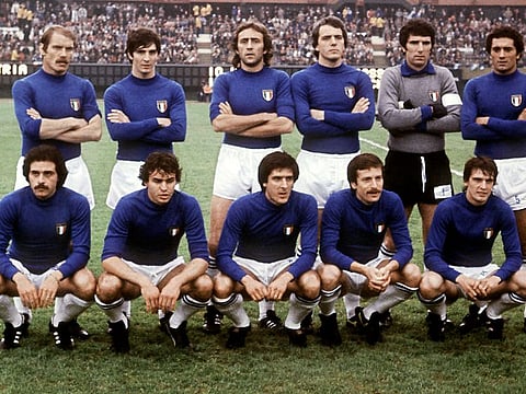 Paolo Rossi (back row 2nd from left) on June 18 1978 at a World Cup match in Buenos Aires. The hero of Italian football who inspired the national side to victory in the 1982 World Cup, has died aged 64, Italian media reported.