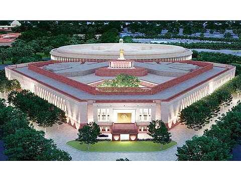 An artist's impression of India's new Parliament building in New Delhi with the existing building in the background. Prime Minister Narendra Modi laid the foundation stone of the new Parliament on Thursday, December 10, 2020.