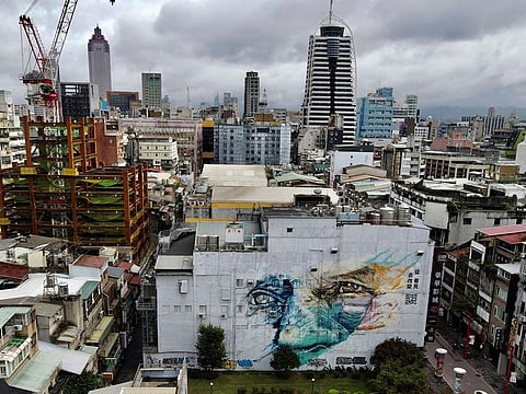 An aerial view shows a graffiti building at the Taipei Cinema Park. File photo taken on December 10, 2020.
