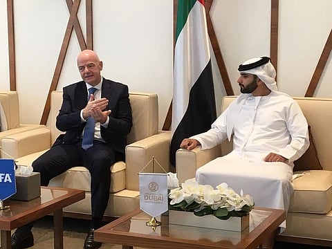 Fifa President Gianni Infantino speaks with Sheikh Mansoor Bin Mohammed Bin Rashid Al Maktoum, Chairman of DSC