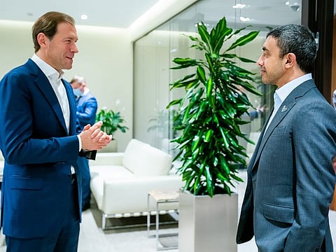 Sheikh Abdullah bin Zayed Al Nahyan, Minister of Foreign Affairs and International Cooperation, with Denis Valentinovich Manturov, Russian Minister of Trade and Industry.