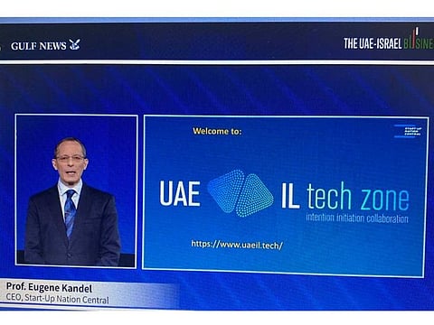 An innovation community that will host tech and business leaders from UAE and Israel has been formed. Above, Prof. Eugene Kandel, CEO, Start-Up Nation Central during his address during the UAE-ISRAEL Business summit.